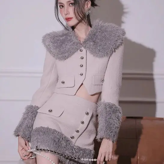 

Haute Couture Skirt Suit Autumn Winter New Style Gray Temperament Fur Collar Woolen Short Top Skirt Small Fashion Suit