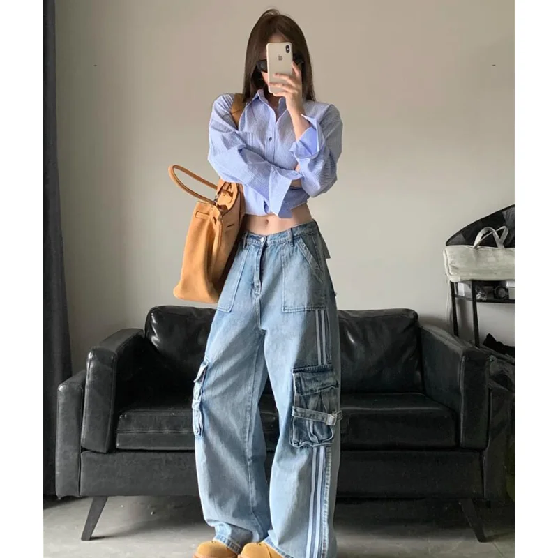 2024 Blue Women's Jeans Hip-hop Fashion Vintage Streetwear Y2K Wide Leg Straight Jean High Waist Trouser Baggy Cargo Denim Pants