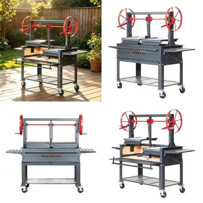 Portable Outdoor Steel Grill with Trolley Powder Coated Durable Flame Safe Adjustable Easy Assembly for Parties 5 Plus People