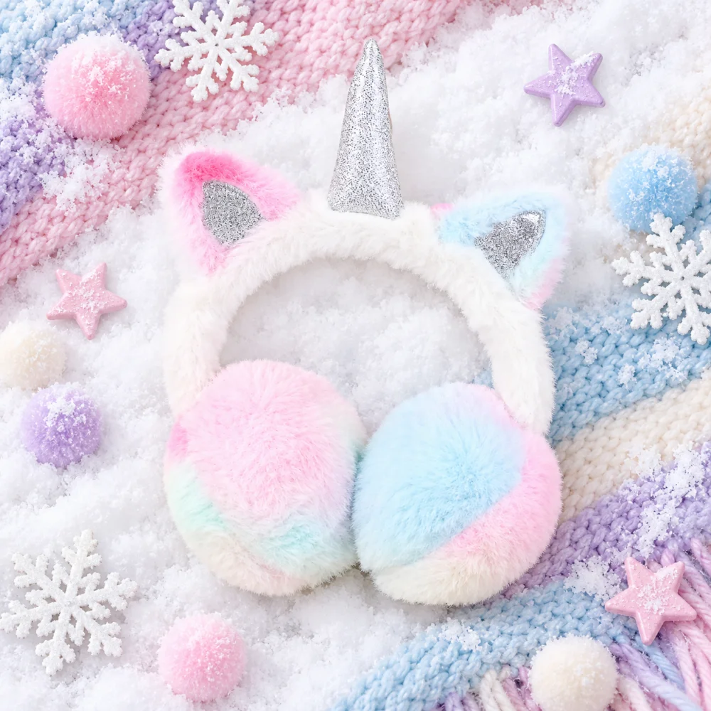 Cute Cat Ear Earmuffs Ear Muffs for Girls Kids Children Unicorn Horn Plush Headband Pastel Glitter Winter Outdoor Gift