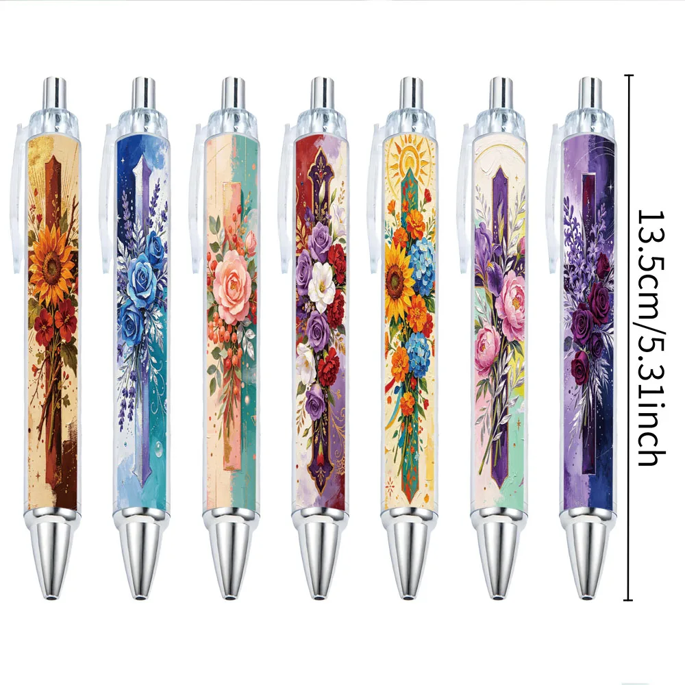 7Pcs Floral Cross-Themed Retractable Ballpoint Pens, Holiday Gift Pens with Random Designs