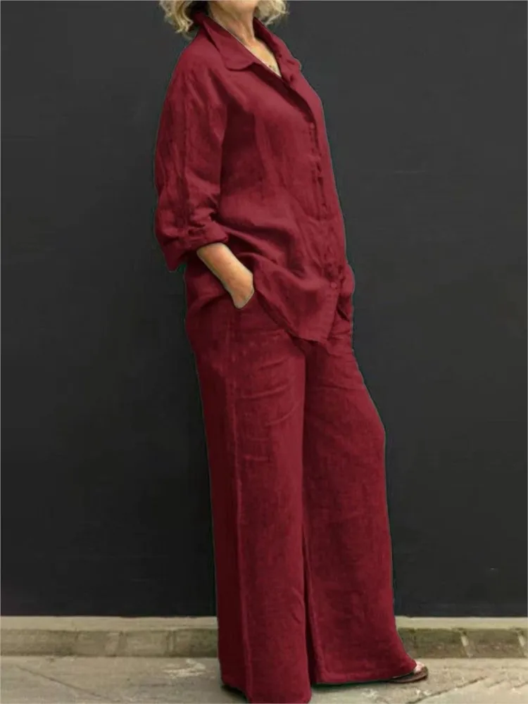 Women Cotton Linen Loose Suits Elegant Solid Long Sleeve Shirt Wide Leg Trousers Two Piece Set Female Casual Straight Pants Suit