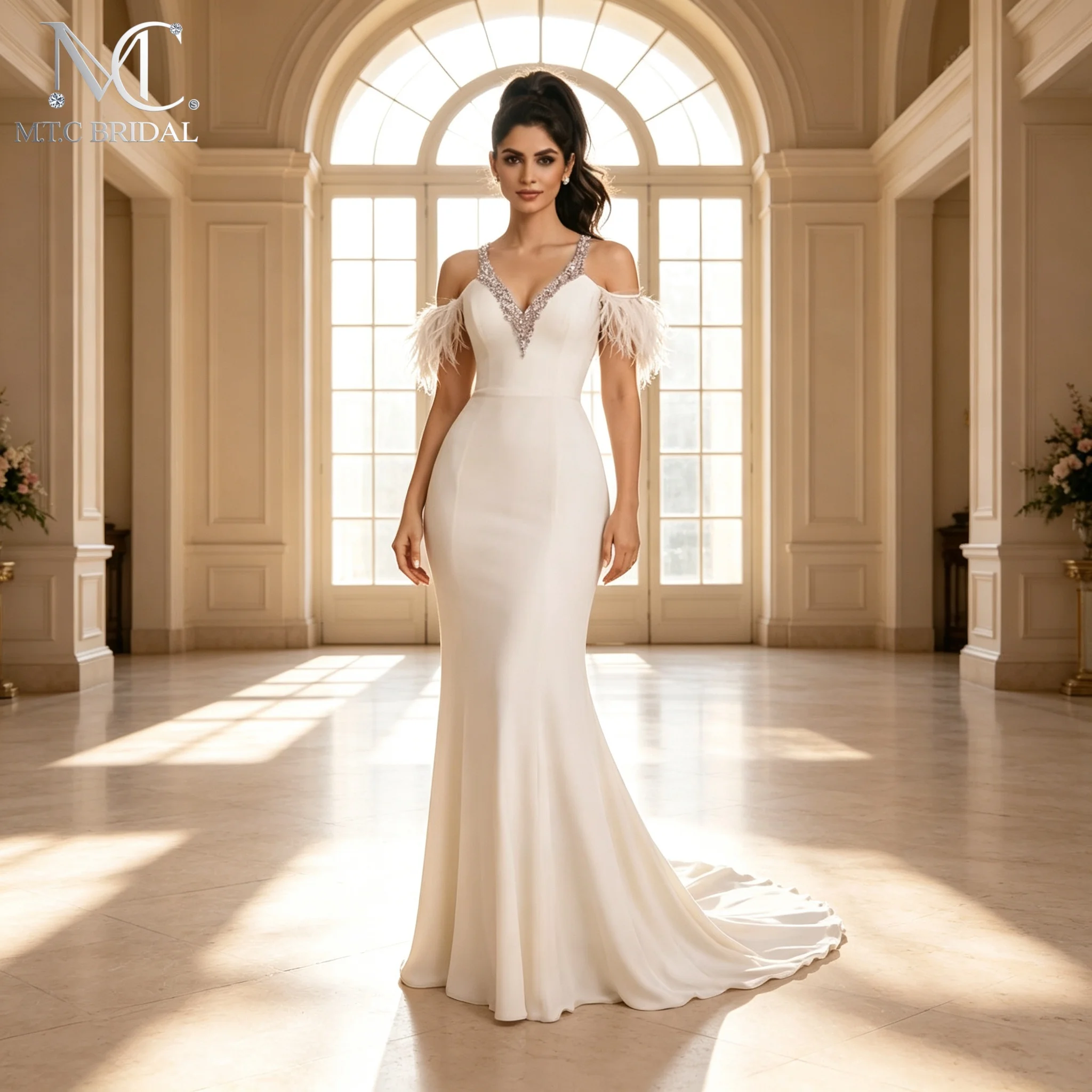 2026 Morden Mermaid Wedding Dresses With Feathers Lace Up Back Beading Satin Long Bridal Gowns For Wedding Vestido De Noiva