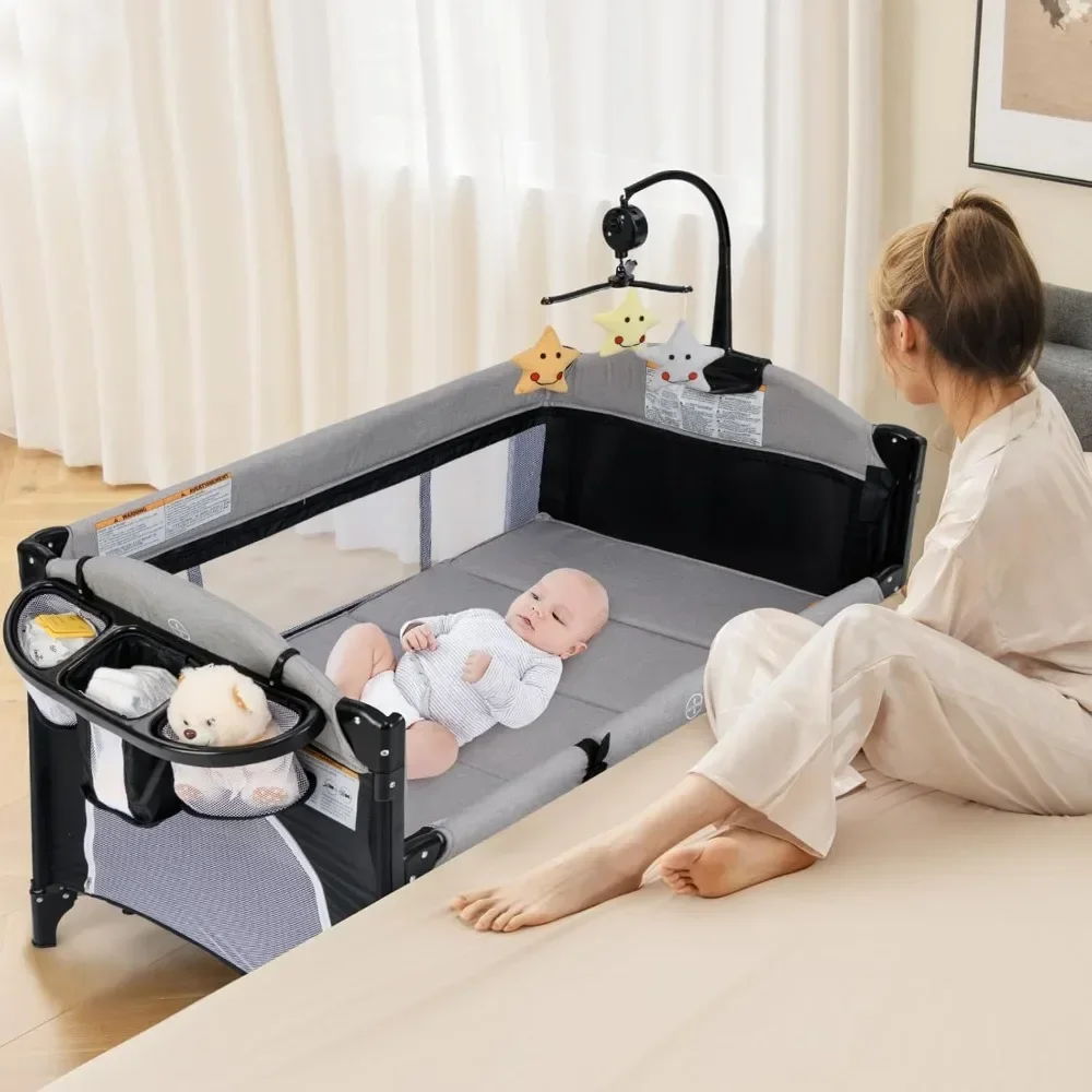 

Pack and Play, 5 in 1 Baby Bedside Sleeper with Bassinet, Diaper Changer, Mattress, Carry Bag, Music Box Hanging Toys, Foldable