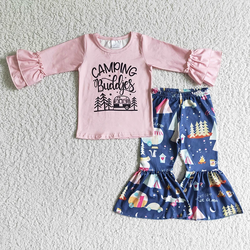 

Camping Buddies Baby Girl Outfit Pink Ruffle Long Sleeve Shirt Bell Bottom Pants Set Wholesale Kid Fashion Fall Winter Clothes