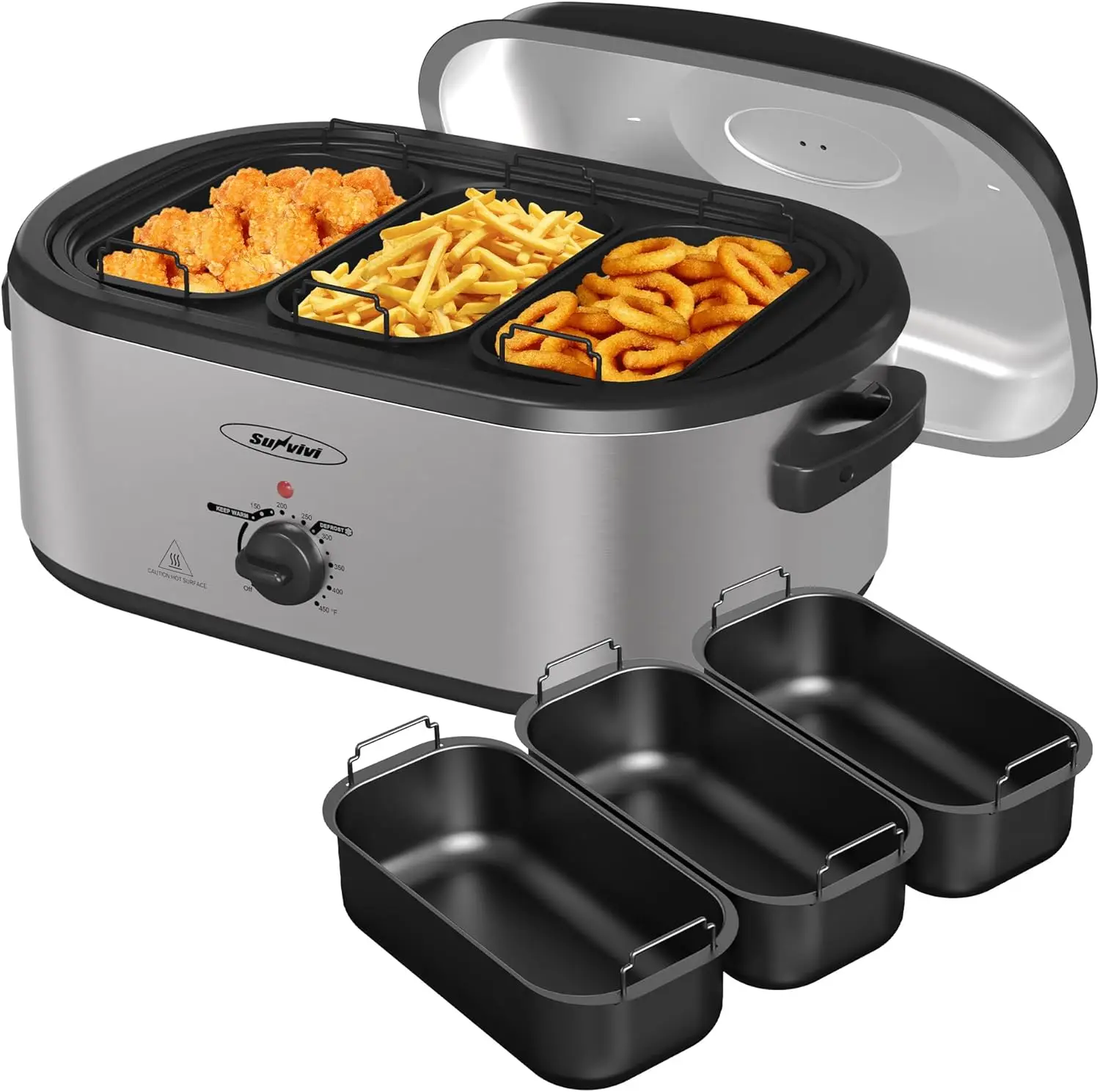 24-Quart Electric Roaster Oven with 3-Bin Buffet Server, Stainless Steel Turkey Roaster, 150-450°F Full-Range Temperature Contro