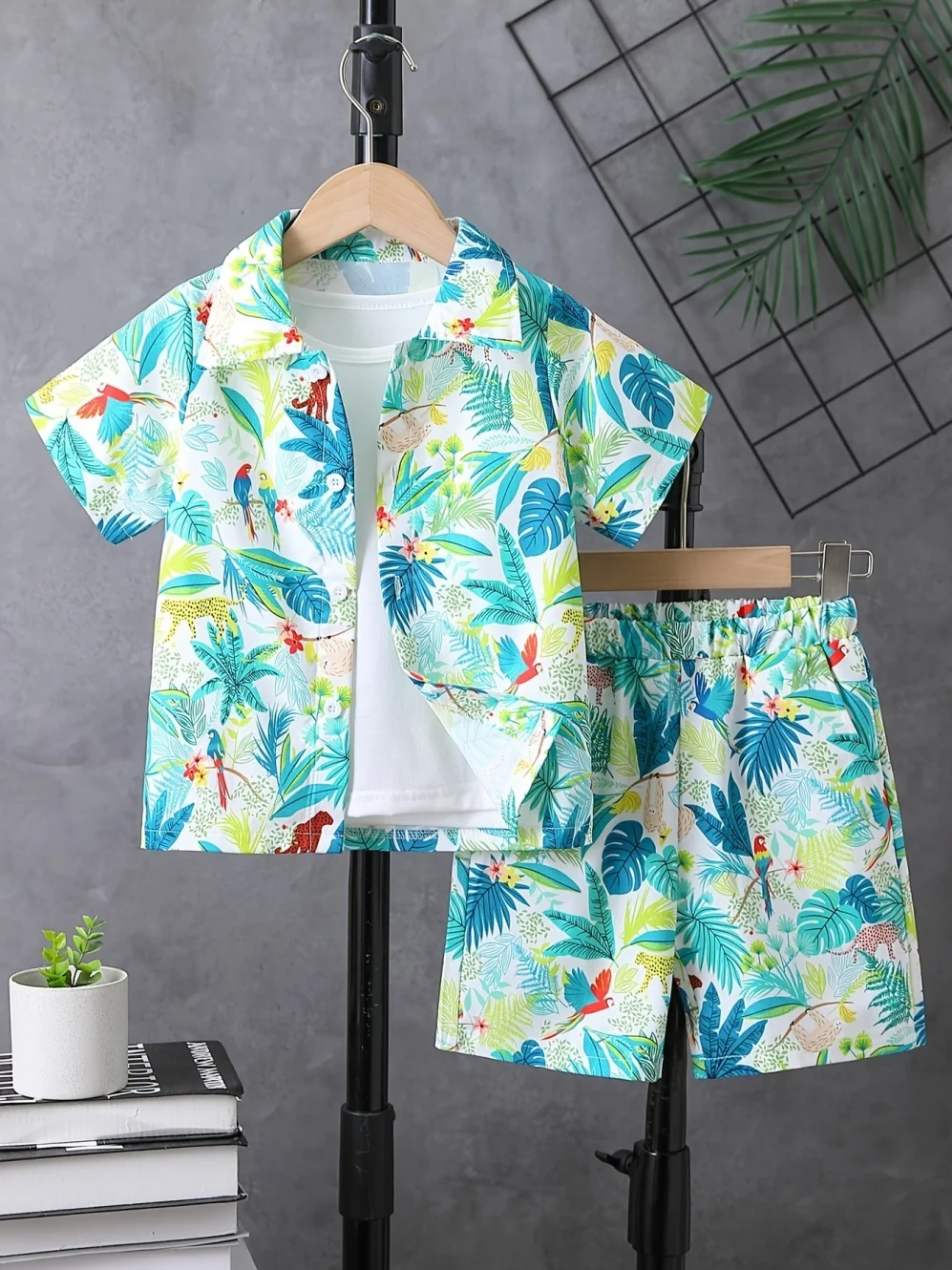 Jungen Sommer Kokosnussbaum-Muster Kurzarm-Hemd Set 2-teilig Hawaiianischer Strandurlaub-Stil Lässige Kinderkleidung für Jungen – Detail 5