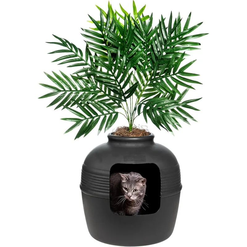

Hidden Litter Box Base Kit, Round Enclosed Cat Planter Furniture with Fake Plant, Hooded Vented Carbon Filter