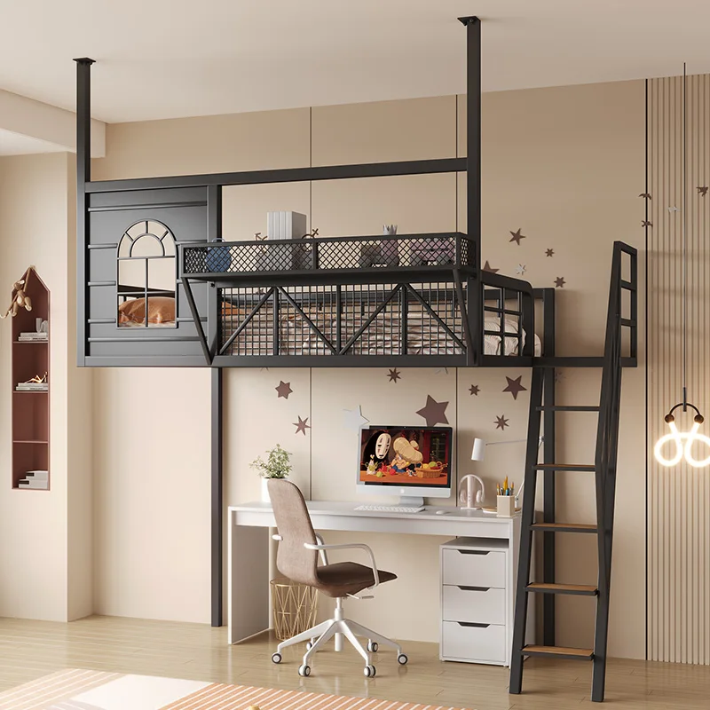 Wrought iron hammock space-saving elevated  small apartment loft  sheet upper floor apartment suspended bed empty