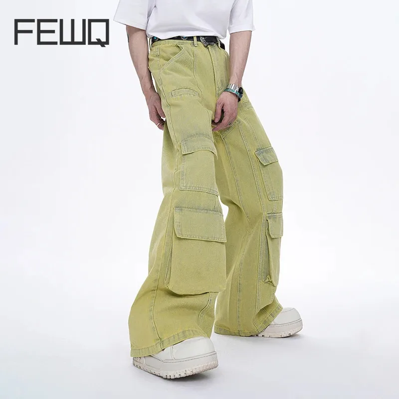 

FEWQ High Street Men's Jeans Summer New Solid Color Loose Multi-pocket Cargo Pants Niche Design Men Vogue Personality 24X9096