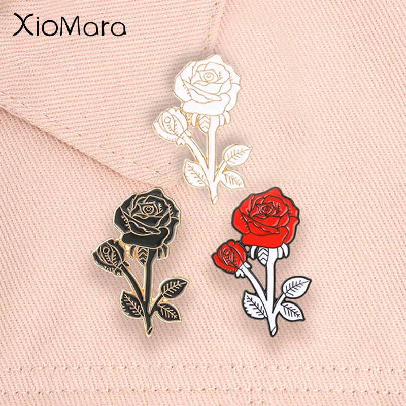 Cute Rose Flower Enamel Pins Retro Floral Plant Black Red White Rose Brooches Lapel Backpack Badge Fashion Jewelry Gifts