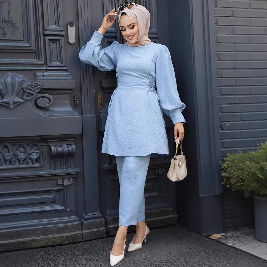 Muslim Fashion Sets Middle East Arabic Women Solid Color Top and Pant Set Muslim Modest Adjustable Long Sleeves Casual Suit