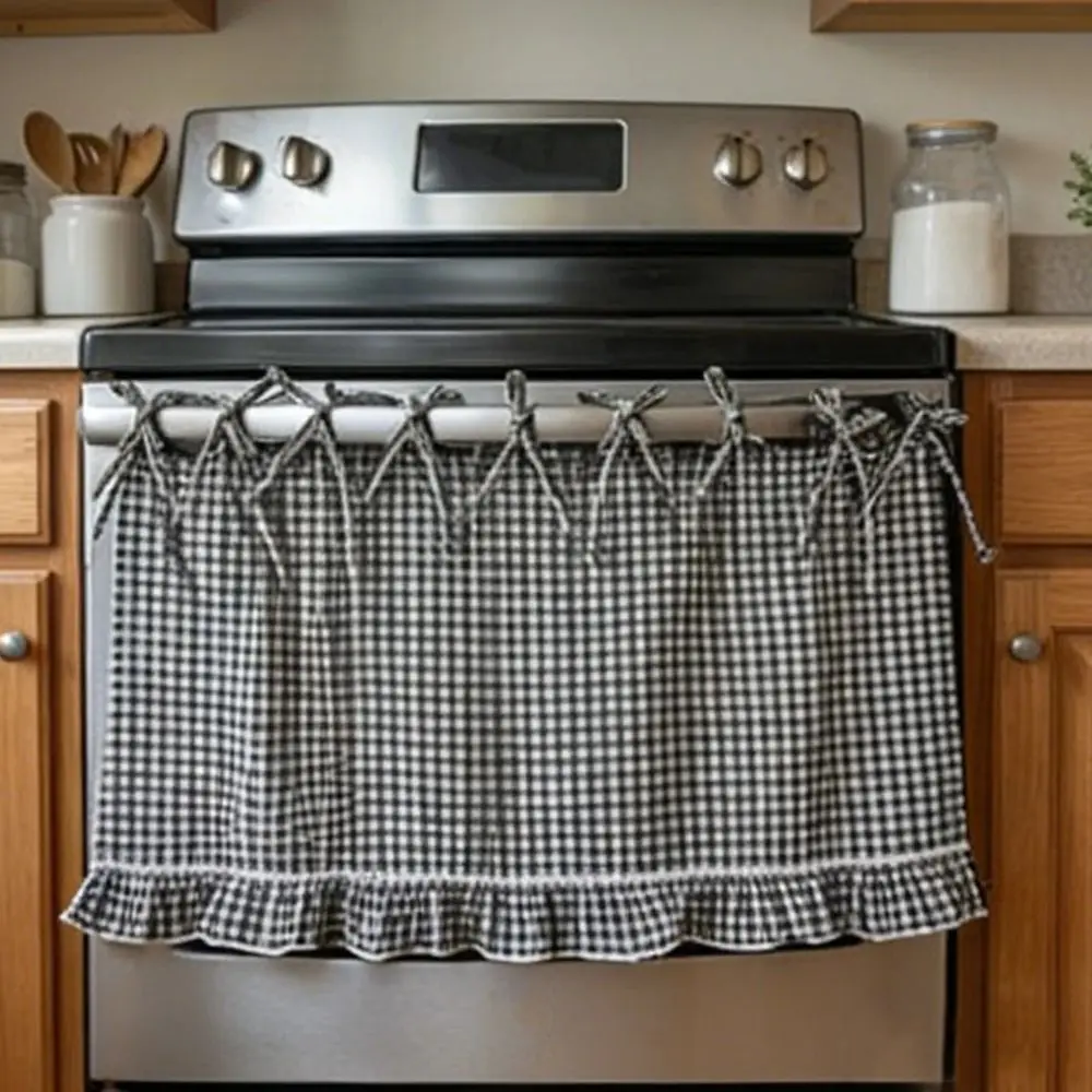 Pastoral Style Handmade Oven Skirt Heat-Resistant Washable Oven Door Curtain Plaid Rustic Decorative Oven Cover Kitchen Decor