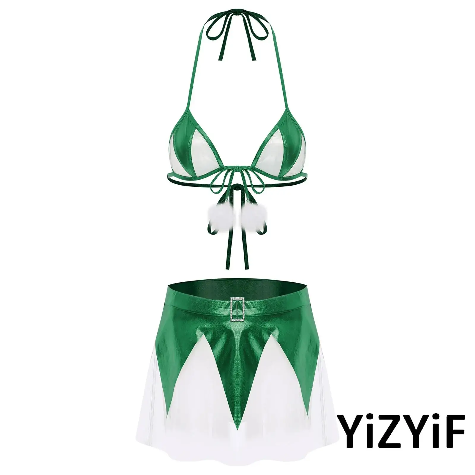 

Women 2Pcs Christmas Lingerie Costume Set Tied Halter Pompom Bra with See Through Mini Skirt Xams Candy Cane Underwear Suit
