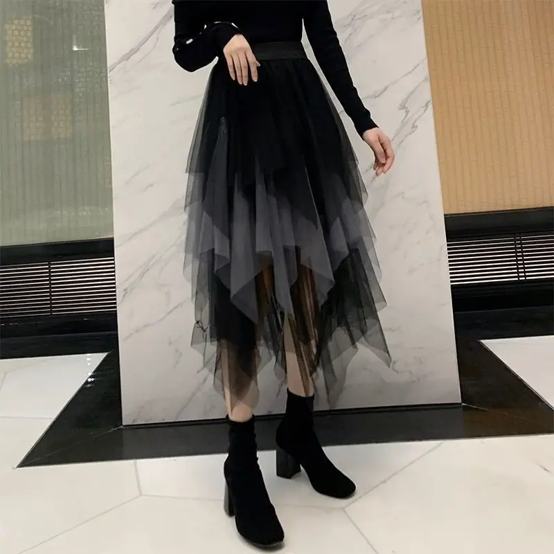 New Skirt Long Tutu Tulle Skirt Women Fashion 2024 Summer Korean Irregular Contrast Color High Waist Pleated Maxi Skirt Female