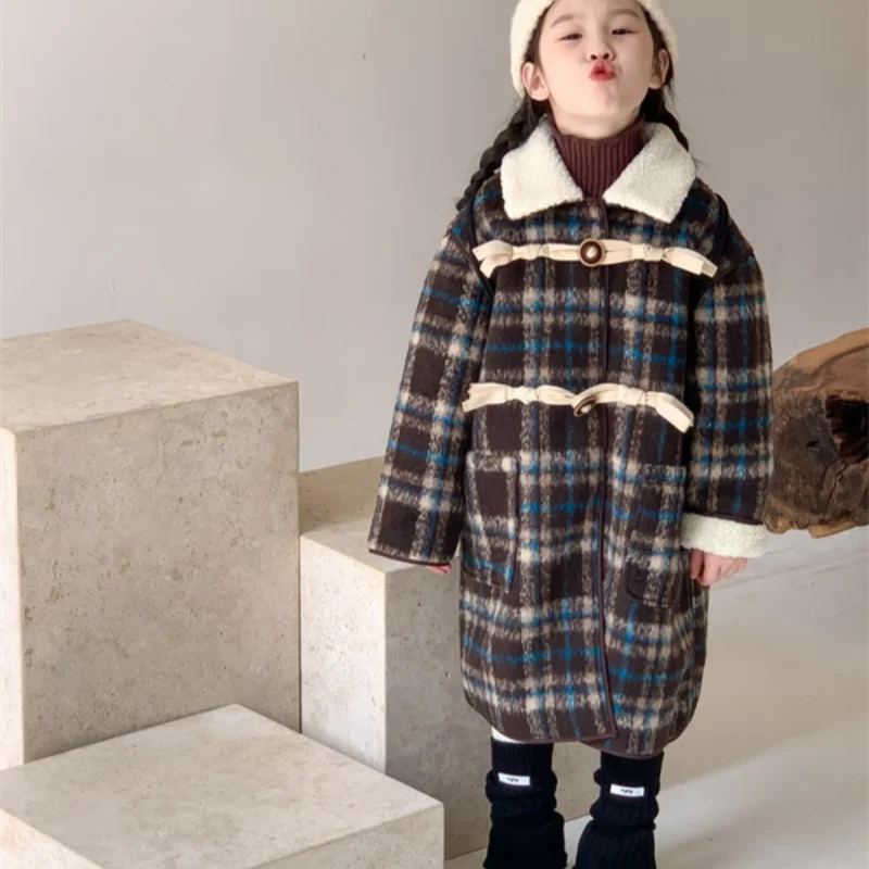 Girls Woolen Coat Overcoat Jacket Windbreak 2024 Plaid Warm Plus Thicken Autumn Winter Cotton Teenagers Children's Clothing