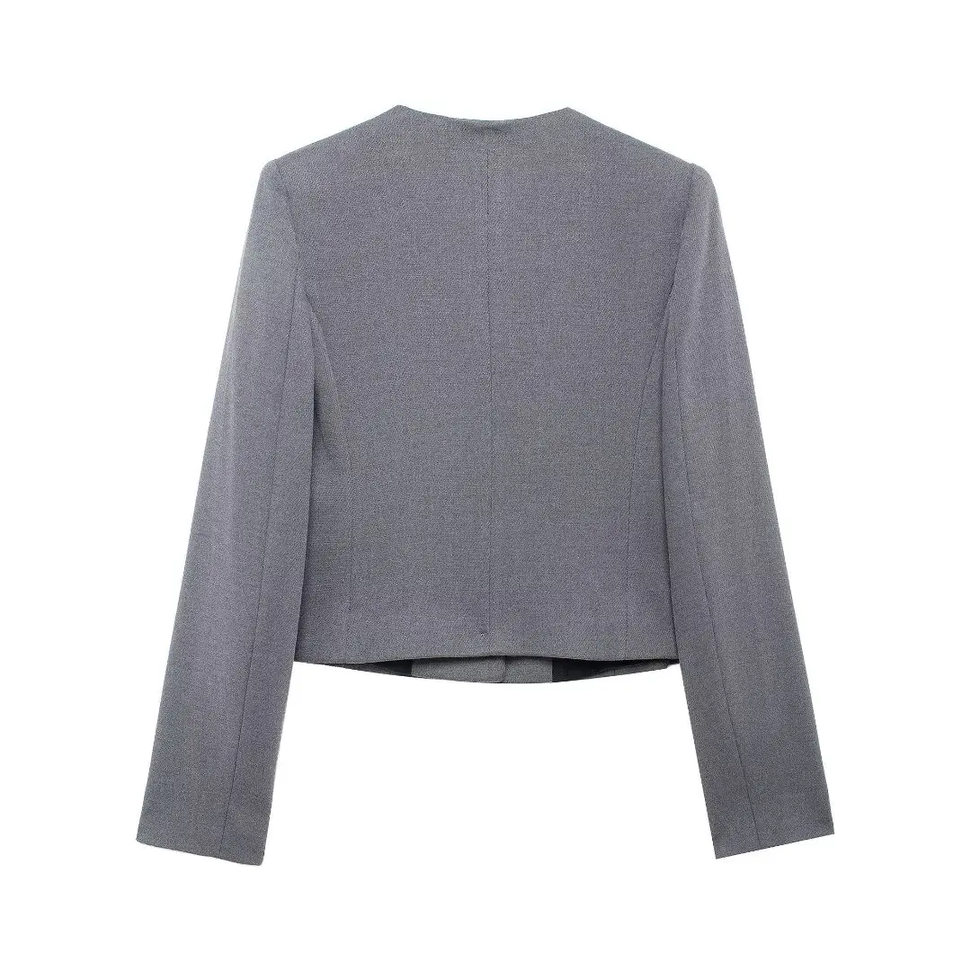 Tangada 2024 New Women Gray Blazer Jacket Long Sleeve Female Cropped Coat BE0253