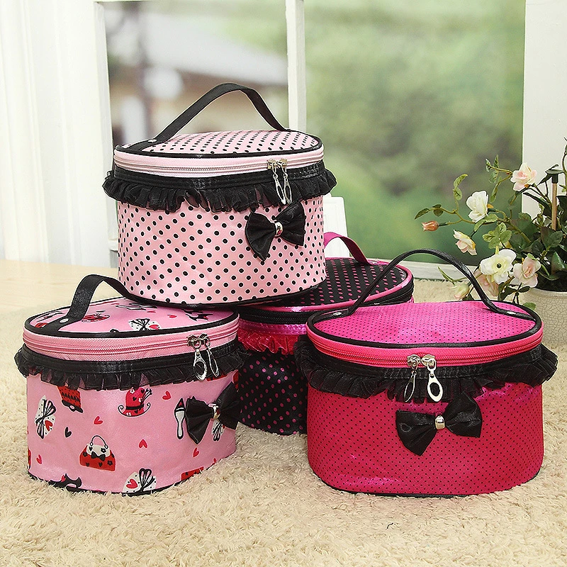 Creative Cylinder Waterproof Dot Makeup Bag Large Capacity Washable Travel Storage Bag Toiletry Case Handle Cosmetic Bag