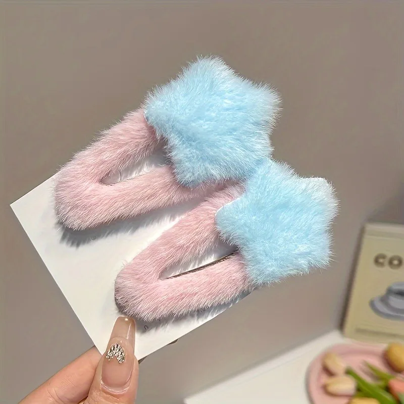 2 Stück Plüsch-Stern-Haarspangen für Frauen, Farbblockierende Stern-Pony-Clips - Weiche Haaraccessoires für Mädchen – Detail 7