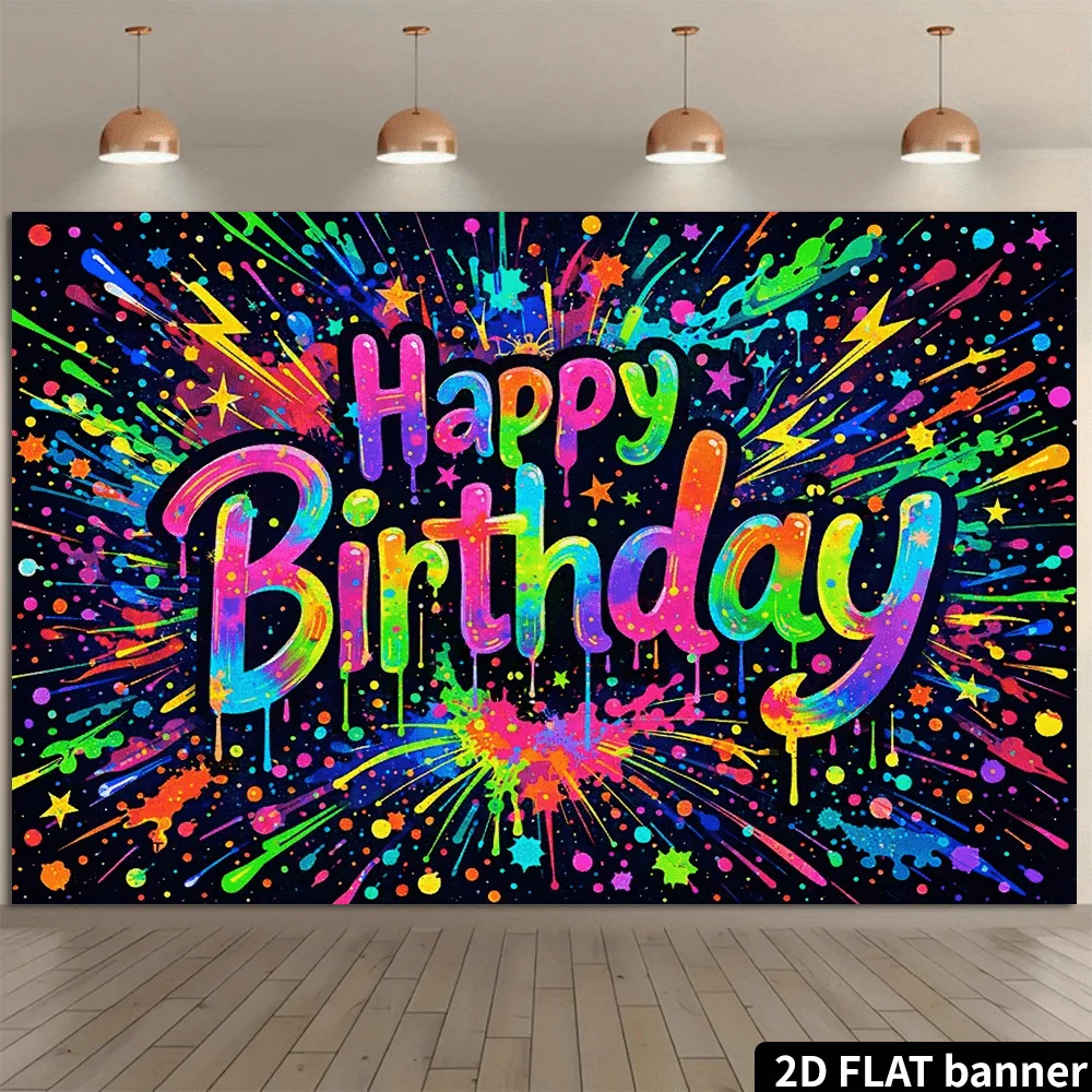Vibrant Happy Birthday Tapestry Wall Hanging Colorful Neon Splatter Graffiti Art Polyester PosterDecor for Party RoomCelebration