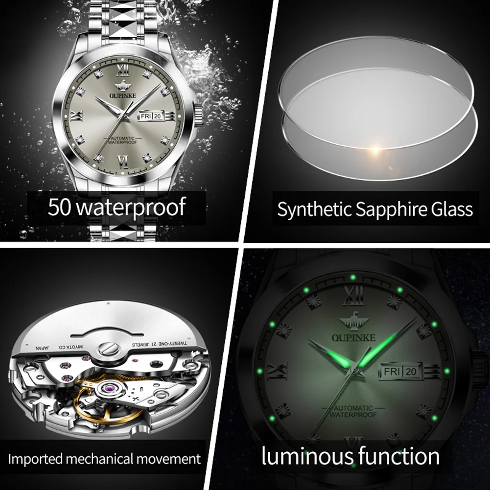 OUPINKE Men\'s Watches Top Luxury Business Original Wristwatch Automatic Mechanical Movement Sapphire Mirror Waterproof Luminous