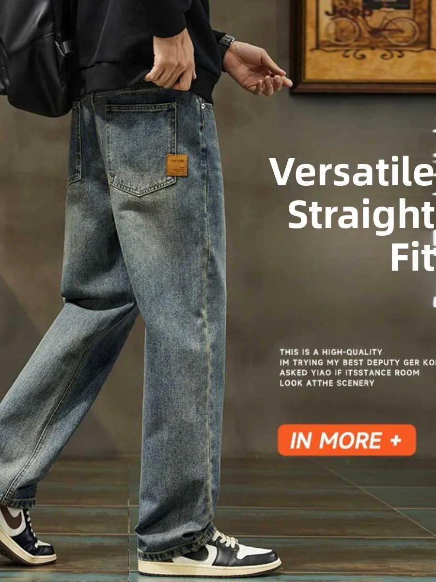 

Синие мужские джинсы в стиле ретро, свободные прямые длинные брюки, модные брендовые винтажные повседневные брюки, прочный зимний сезон