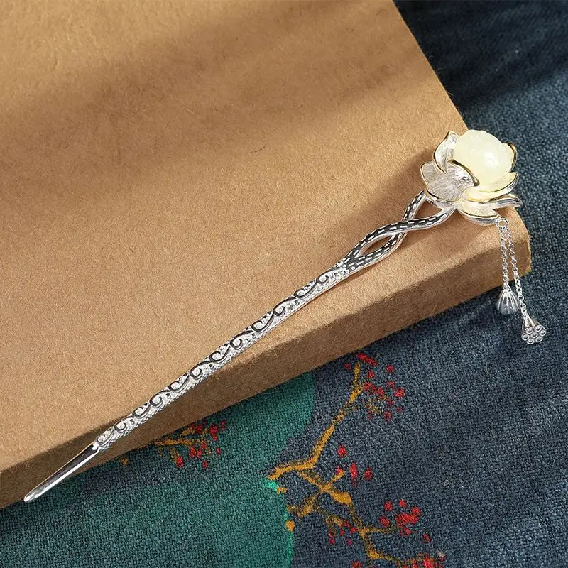 

S925 Тайский окисленный серебряный нефрит Хэтянь Шпилька из семян лотоса Китайская традиционная этническая винтажная Hanfu Qipao Женское украшение для волос