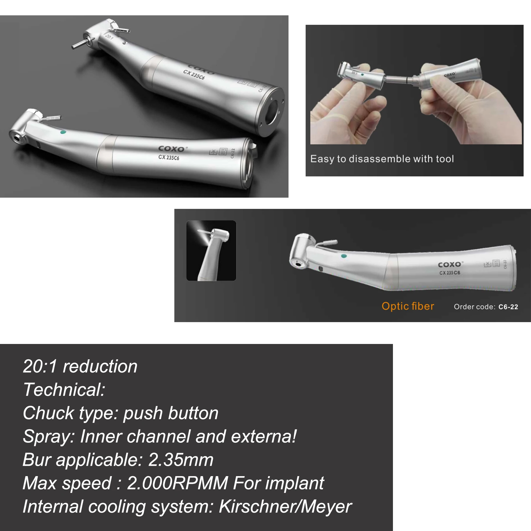 COXO Dental Implant Handpiece Fiber Optic Low Speed Handpiece 20:1 Reduction E Type Fit KAVO NSK W&H Implant Surgery CX235 C6-22