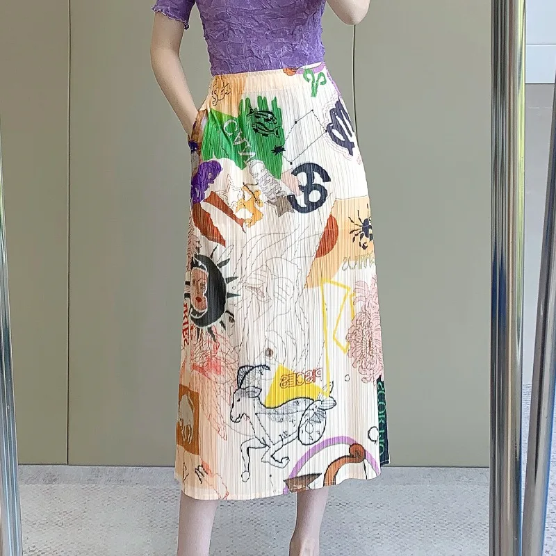 

Плиссированная юбка Miyake с принтом, новинка лета 2026, прямая плиссированная юбка с драпировкой, простая повседневная длинная юбка для отпуска с карманами, женская