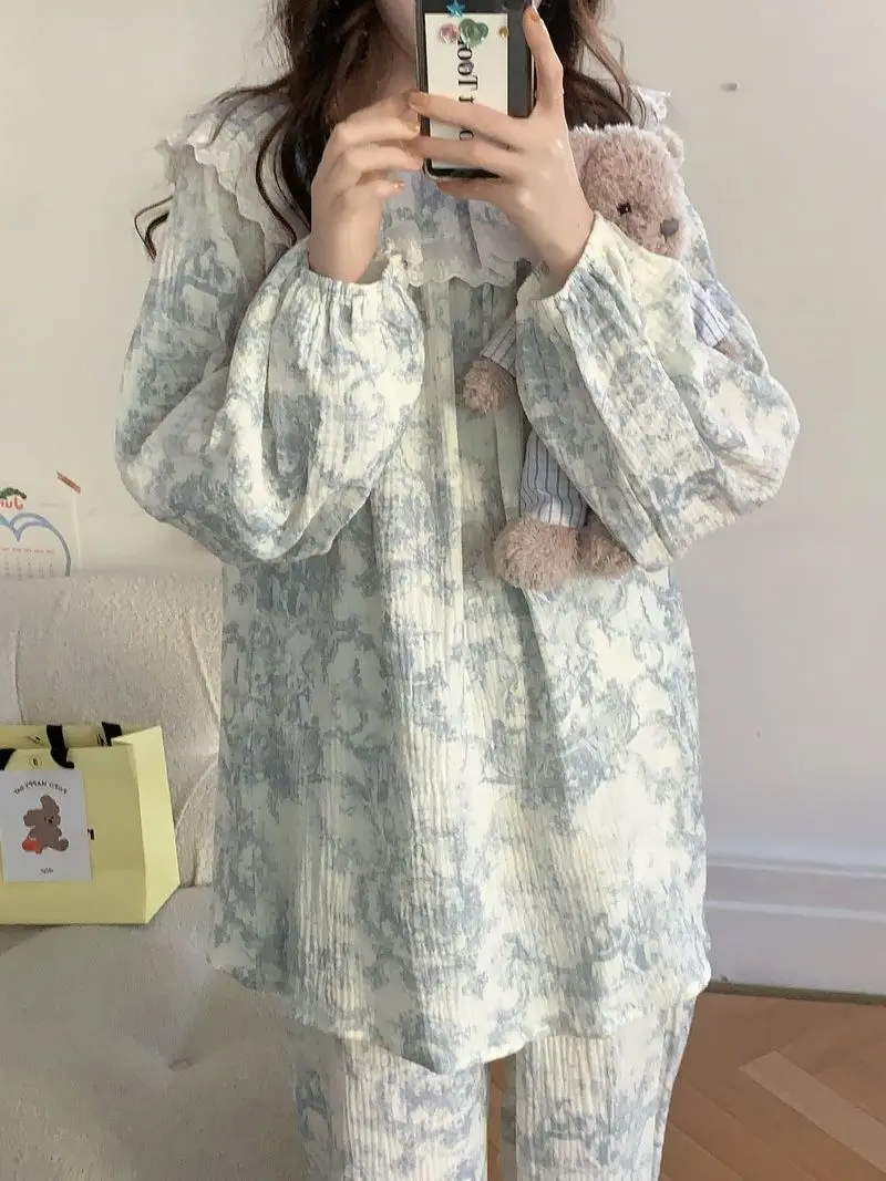 

Корейская версия пижамных комплектов, женская весенне-осенняя свободная домашняя одежда с кружевным принтом, комплект из 2 предметов, ночная рубашка для жены, новинка