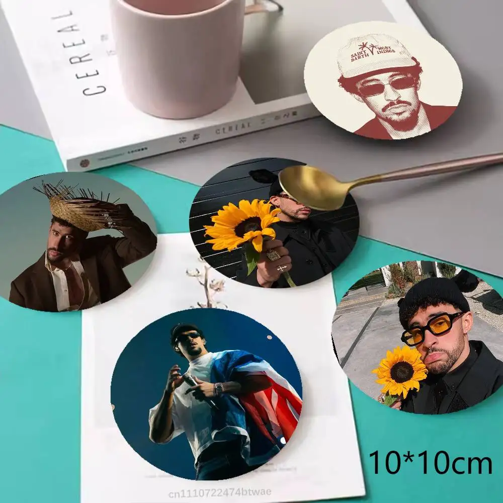 B-Bad B-Bunny Round Wooden Coasters Suitable For Restaurants And Coffee Home Gift Choice Holidays