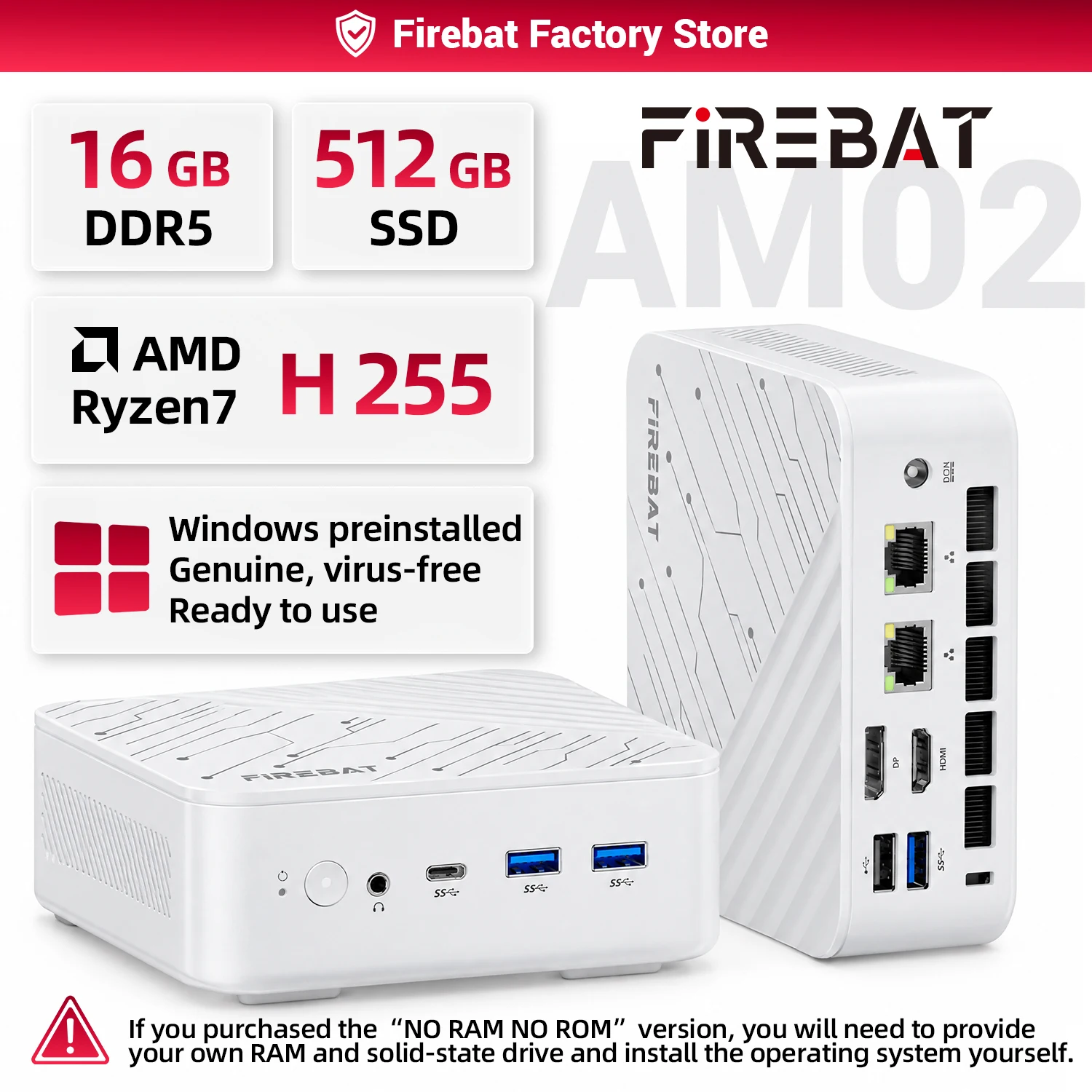 FIREBAT AM02 AMD Ryzen7 H 255 미니 PC 16GB DDR5 RAM 512GB SSD WIFI6 BT5.2 4A1C 듀얼 RJ45 3*4K 디스플레이 컴팩트 게이밍 컴퓨터