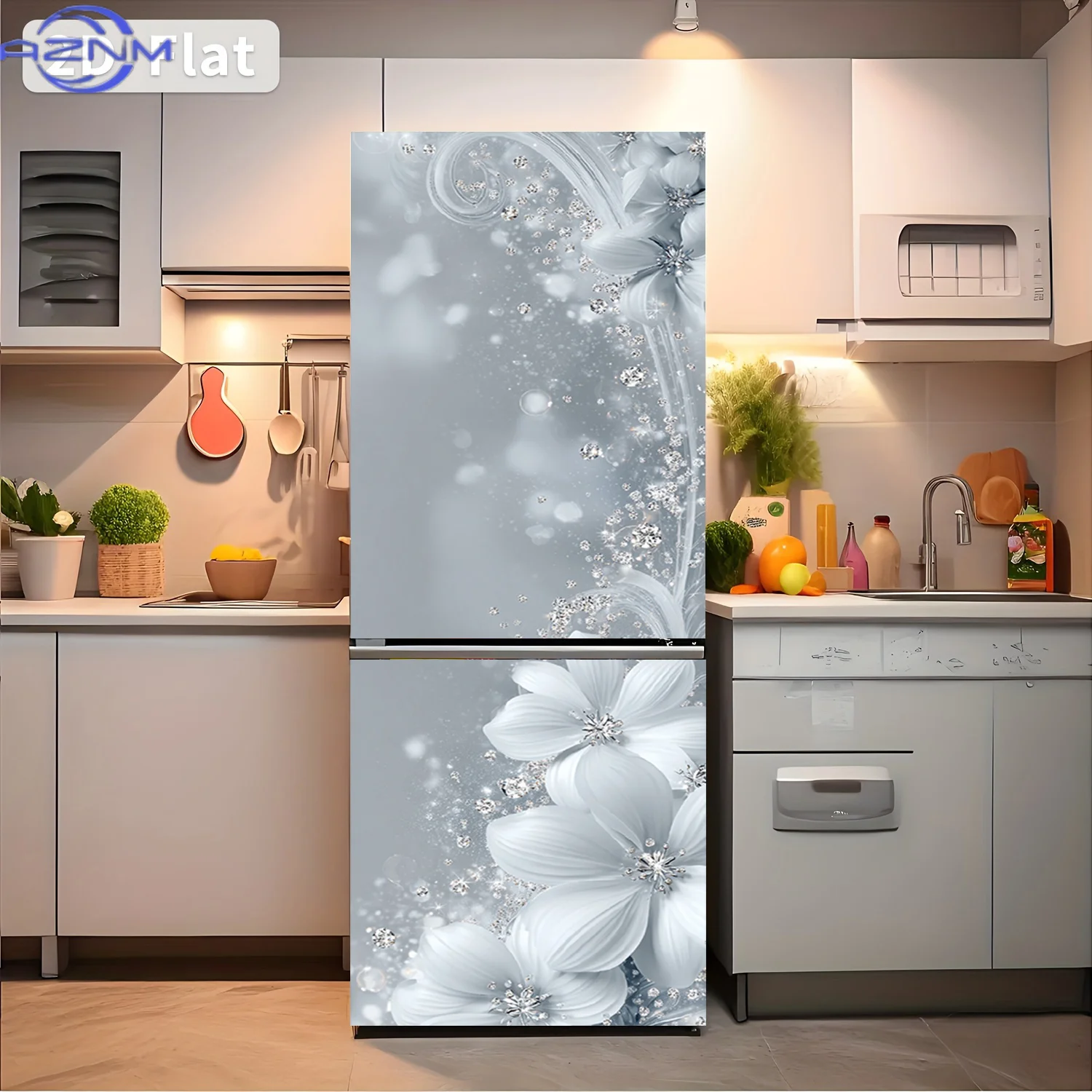 Printing Refrigerator Sticker  Silvery-White Floral Pattern Themed Design Wall Decal Self-Adhesive Wallpaper Suitable for Cabi