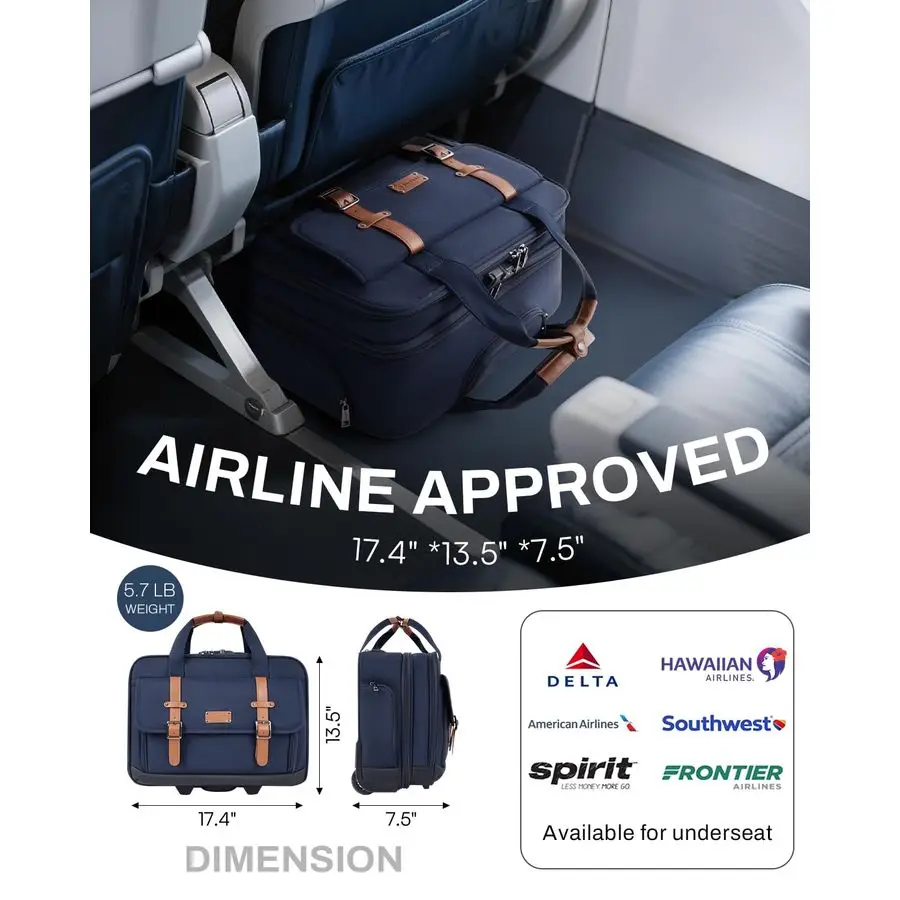 Bolsa para laptop para homens e mulheres, pasta de computador com rolo de 17 polegadas, mala de bagagem de mão com rodas, à prova d'água 2 W