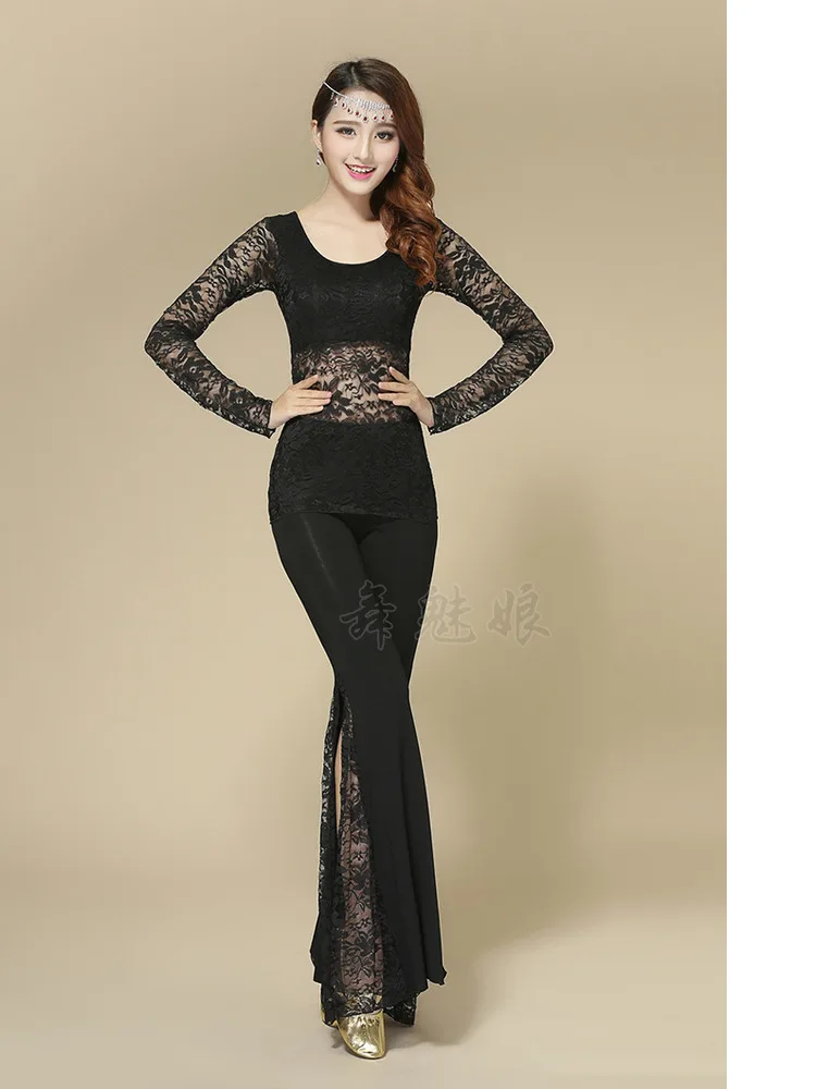 Lace Patchwork Oriental Costume Pants Dance Jazz Solid Color Halloween Women Adult Latin Clothes High Waist Festival Trousers