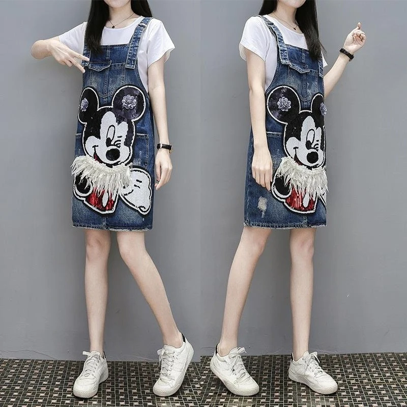 

Женское джинсовое платье-комбинезон с пайетками «Микки» — Новинка лета, прочное, милое, повседневное, стильное, омолаживающее, модное, на бретельках