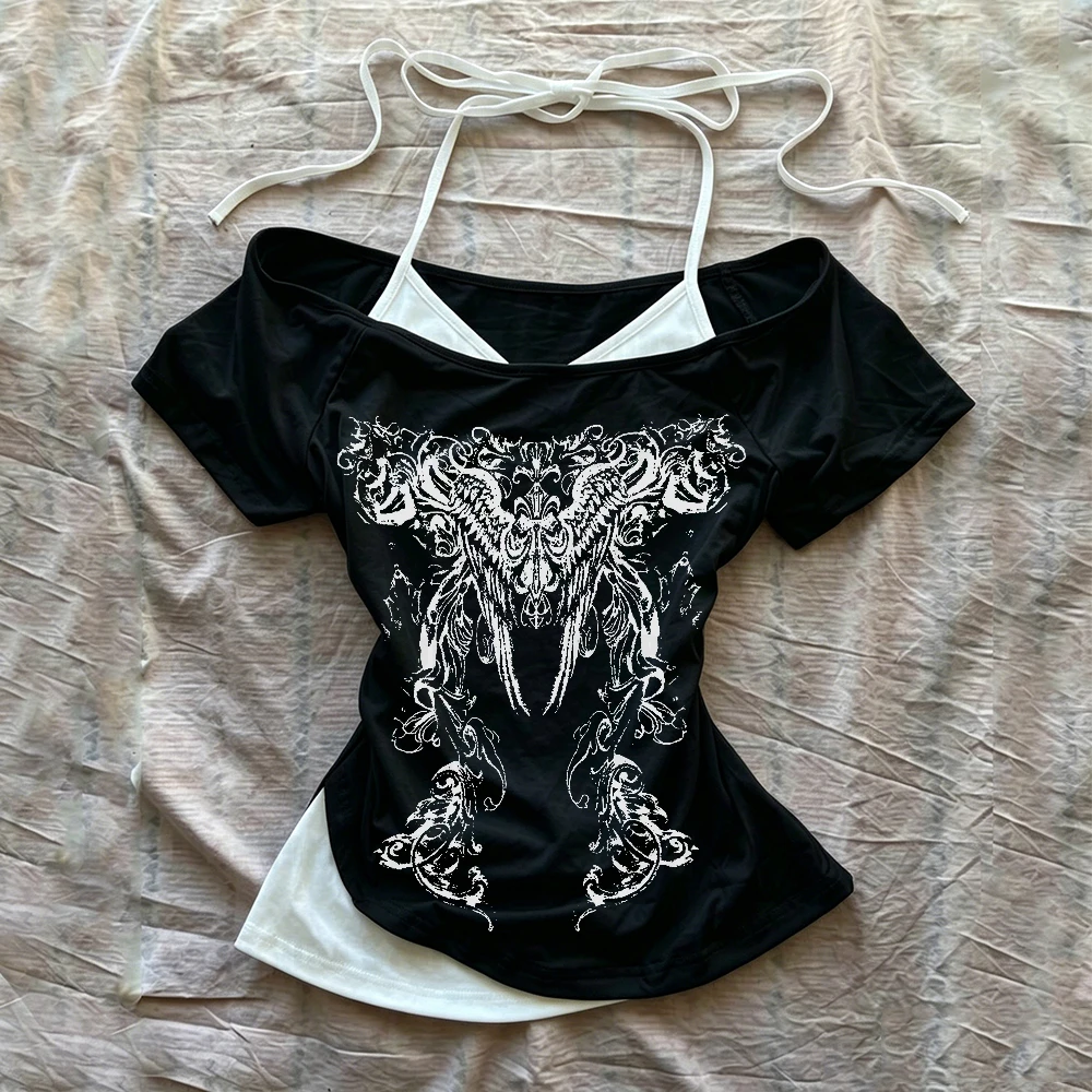 Y2k Top Women Sexy Retro Fake Two Piece Hanging Neck Strap Short Sleeve Slimming Gothic Punk Basic Top Garbage Rock T Shirt