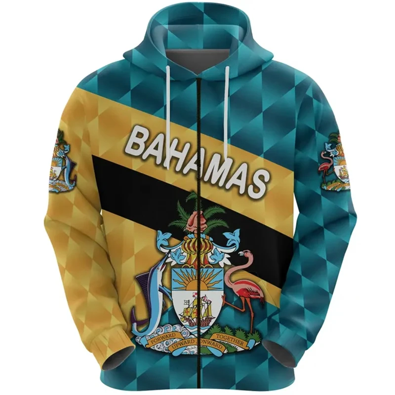 Bahamas Flag Map 3D Printed Zip Up Hoodies For Men Clothes National Emblem Hoody Tracksuit Fashion Boy Zipper Hoodie Women Tops