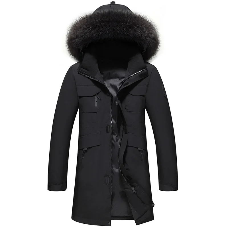 

Man Parkas Down Coat Winter Mid Length Long Sleeve Male Jacket Thicken Warm Stand Collar Pocket Hooded Men Outerwear