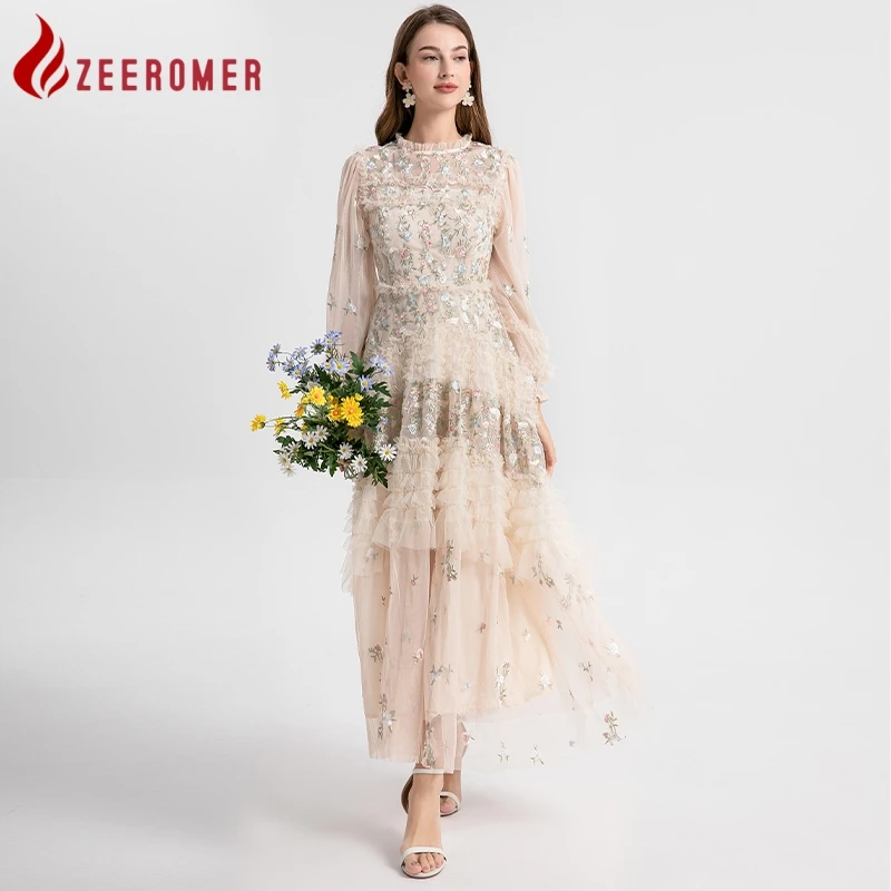 2024 Autumn Luxury Fashion Flower Mesh Embroidery Cake Dress High Quality Women O Neck Long Sleeve Ruffle Party Long Vestidos