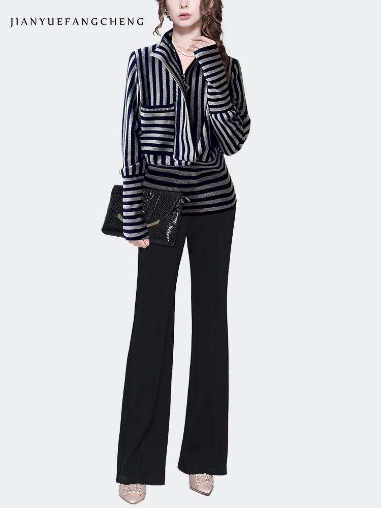 Fashion horizontal-perpendicular Black-white Striped Women Knitted Shirt Long Sleeve Stretching Pull-On Tops Outwear Sweaters