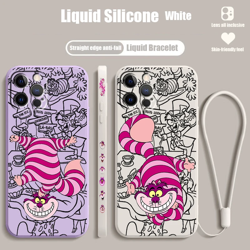 

Cat Disney Alice Cheshire Liquid Left Rope For Apple iPhone 15 14 13 12 11 XS XR X 8 7 SE Pro Max Plus Mini Cover Phone Case