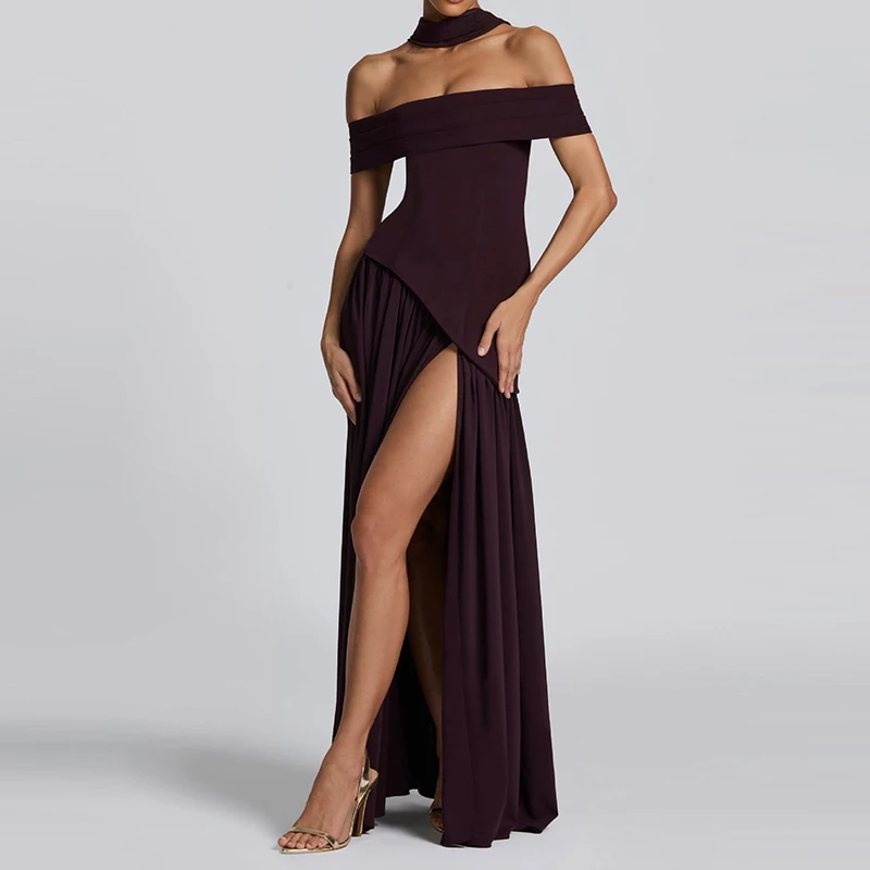 Abito da sera con lacci da donna con scollo a barchetta Abito lungo con spacco pieghettato impiombato solido primaverile Abito lungo Boho vuoto estivo senza schienale 2025