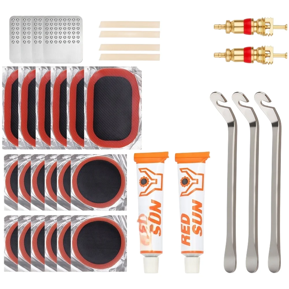 Ready to Go Bike Tire Repair Kit with Glue Free Patches Tire Levers Sandpaper and Valve Tools for Outdoor Cycling view 4