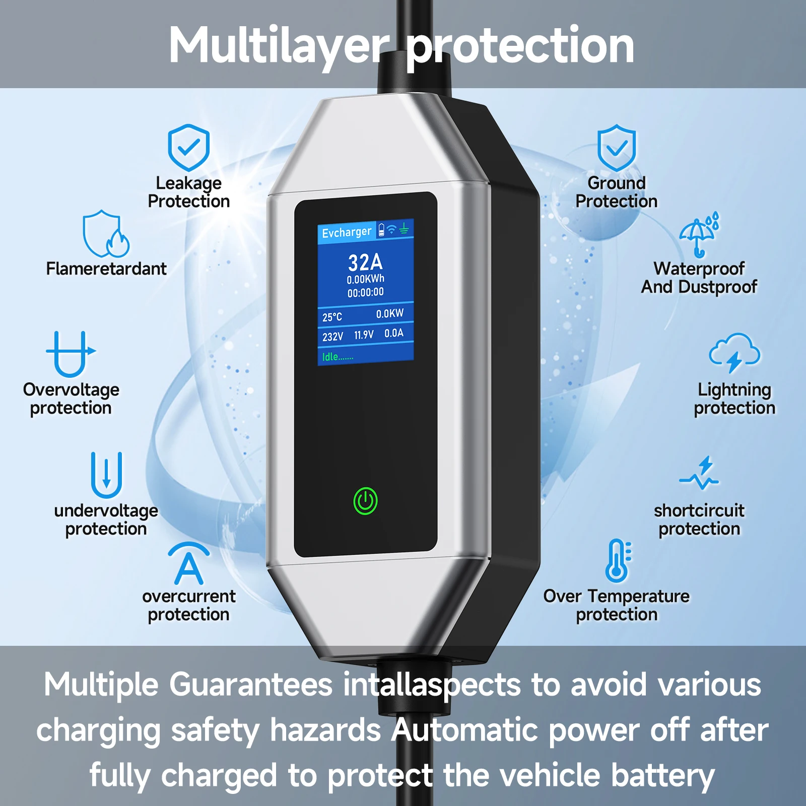 AFEEV 7KW 32A 1Phase Portable EV Charger with WiFi APP Control Type2/Type1 Electric Car Charger Wallbox EVSE Fast Charging Cable