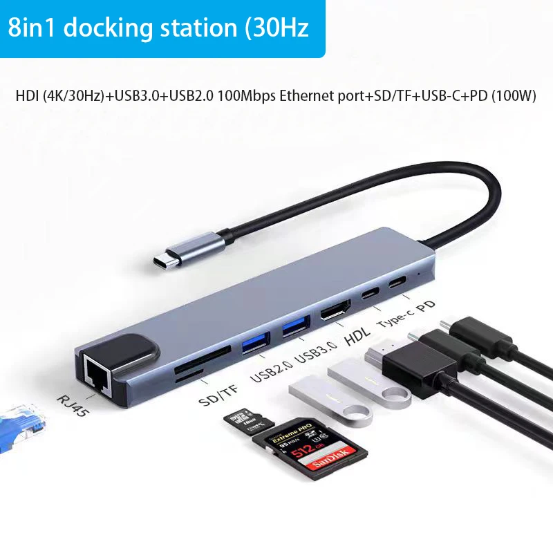 

Eight In One Expansion Dock Type-C Aluminum Alloy Expansion Dock 3.0 USB Splitter 100Mbps Ethernet Hub HUB Computer