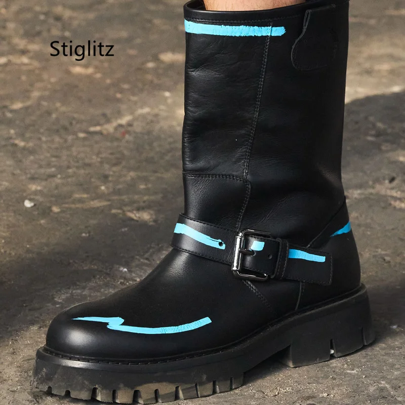 Belt Buckle Men's Ankle Boots Graffiti Genuine Leather Winter Boots Retro Luxury Slip On Thick Sole High-Top Catwalk Shoes