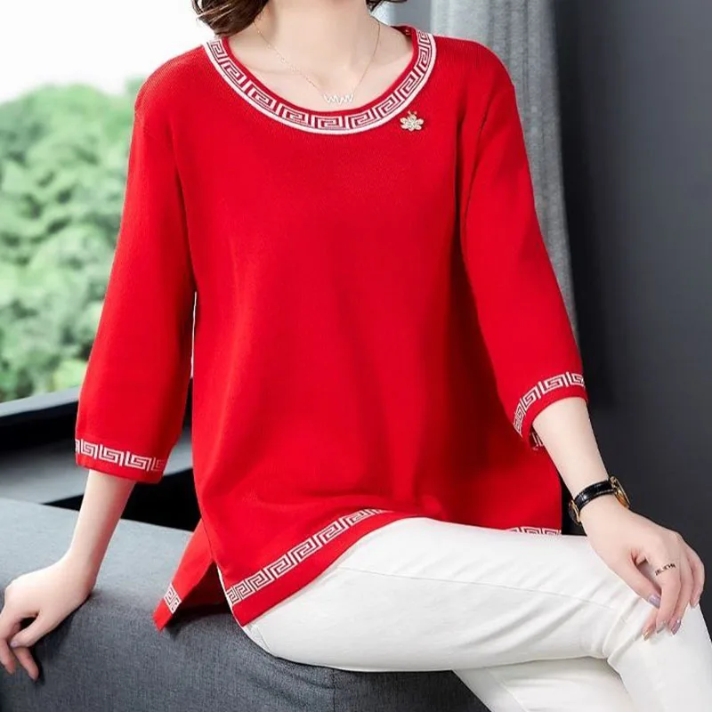 Korean Fashion Women Clothing 3/4 Sleeve T-shirt Elegant Vintage Spring Summer Big Size Loose Pullover Oversized Casual Midi Top