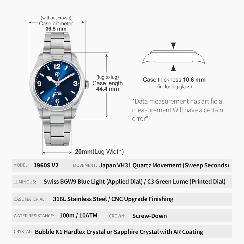 Watchdives WD1960S V2 36Mm Quartz Watch VH31 Sweep Seconds Movement AR Sapphire Luminous 100m Waterproof Vintage Watches Man