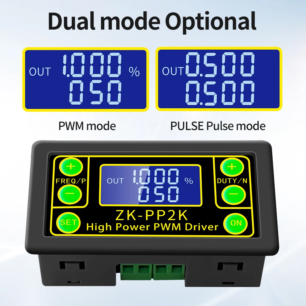 

ZK-PP2K PWM Signal Generator 8A Driver Module for Motor/Lamp Dual Mode LCD PWM Pulse Frequency Duty Cycle Adjustable Loop Delay